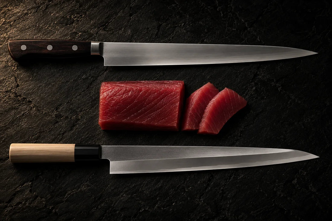 Sujihiki and yanagiba slicing knives side by side on slate with a block of sashimi-grade tuna