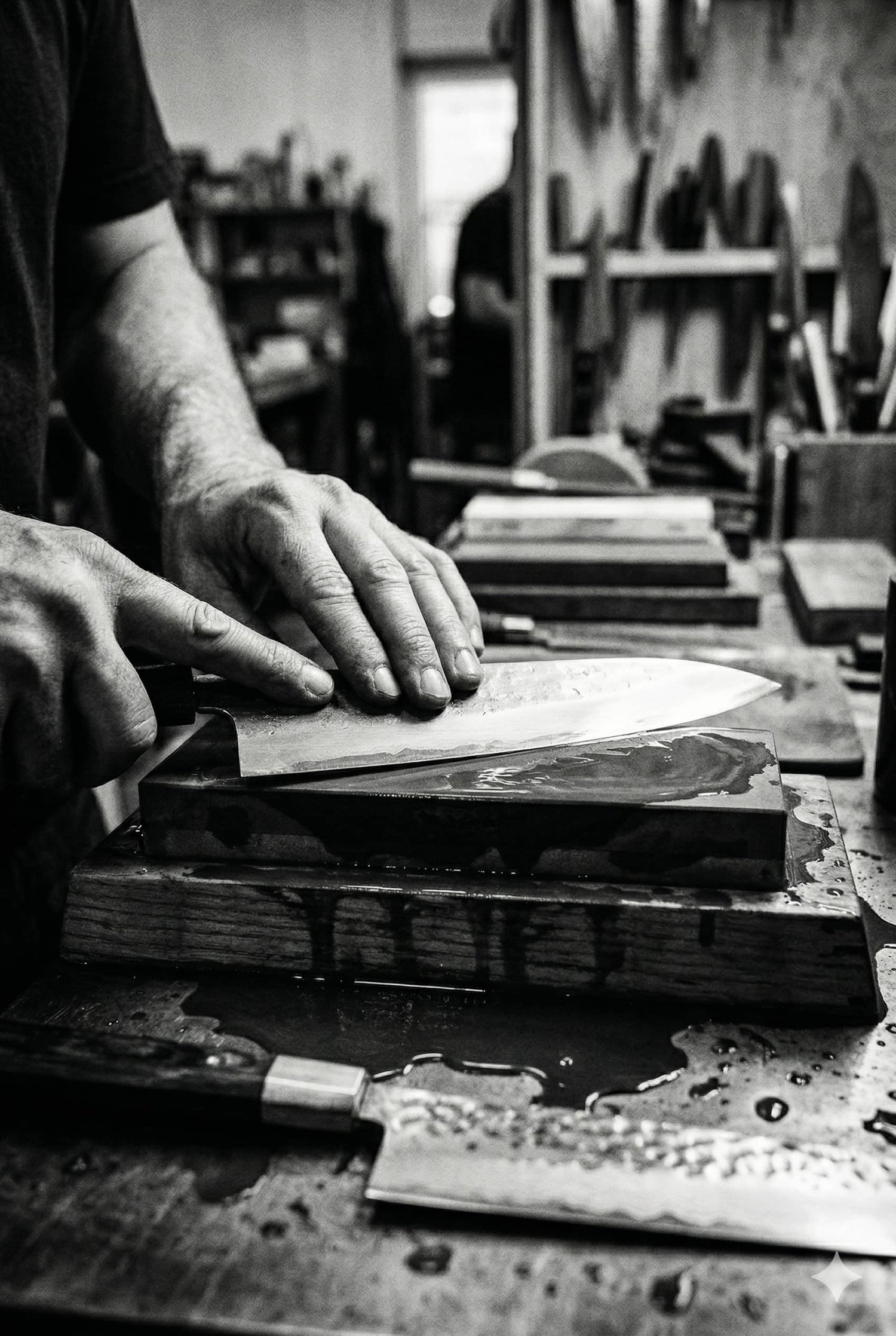 Person sharpening a japanese chef knife with a whetstone